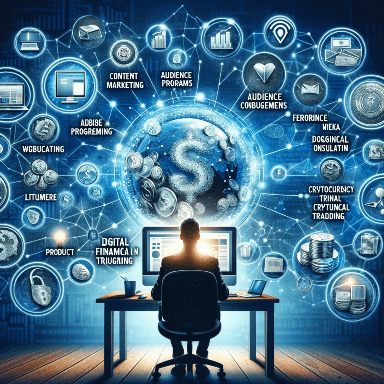 את הדרכים השונות להרוויח כסף באינטרנט, כפי שתואר במאמר שלך. זה מסמל היבטים שונים של יזמות דיגיטלית וזרמי הכנסה מקוונים