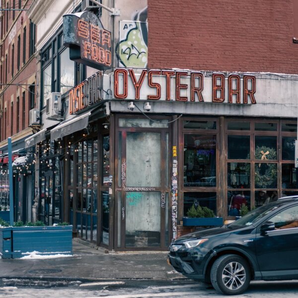 Charming vintage oyster bar storefront in New York City, showcasing urban architecture.