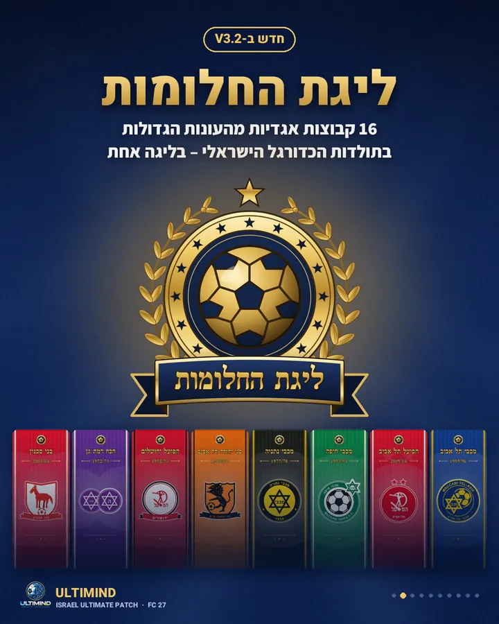 ליגת החלומות ב-FC 27 בעברית: 16 קבוצות אגדיות מהעונות הגדולות של הכדורגל הישראלי, עם סמל הליגה