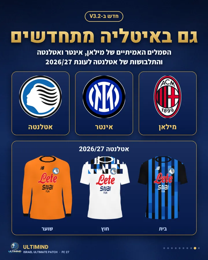 הסמלים של מילאן, אינטר ואטלנטה ותלבושות אטלנטה לעונת 2026/27 בתוך FC 27